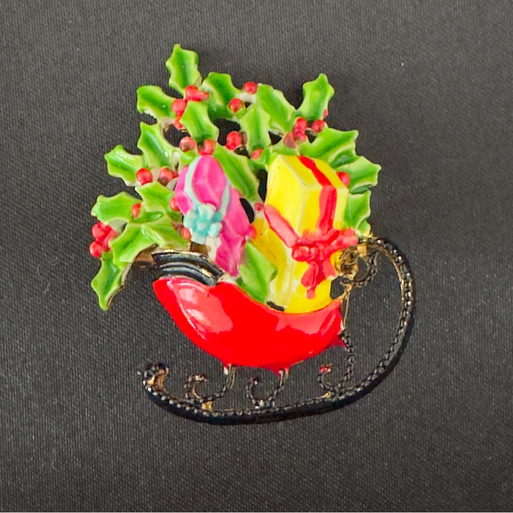 Festive Sleigh Brooch with Gifts and Holly